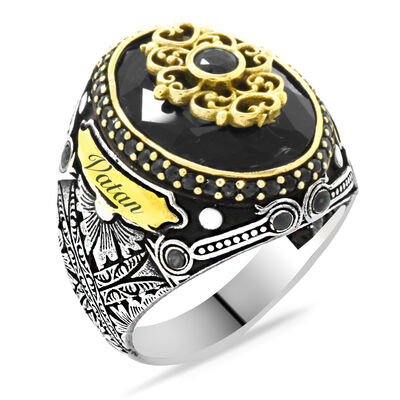 Men's 925 Sterling Silver Ring With Black Zircon Faceted Stone Customized Name Spelling - 3