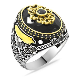 Men's 925 Sterling Silver Ring With Black Zircon Faceted Stone Customized Name Spelling - 4