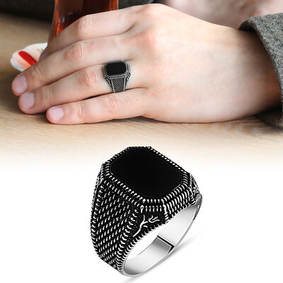 Men's 925 Sterling Silver Ring With Embroidered Black Onyx Tulip - 1