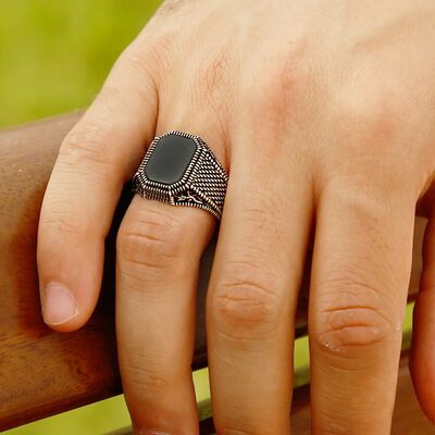 Men's 925 Sterling Silver Ring With Embroidered Black Onyx Tulip - 4