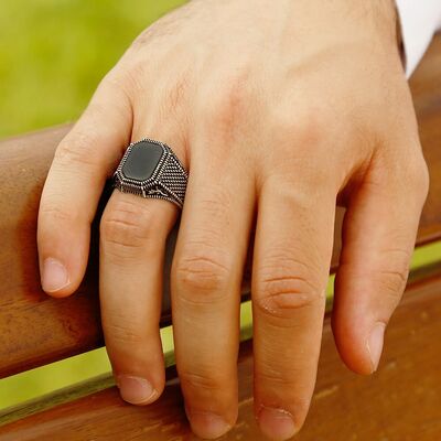 Men's 925 Sterling Silver Ring With Embroidered Black Onyx Tulip - 5