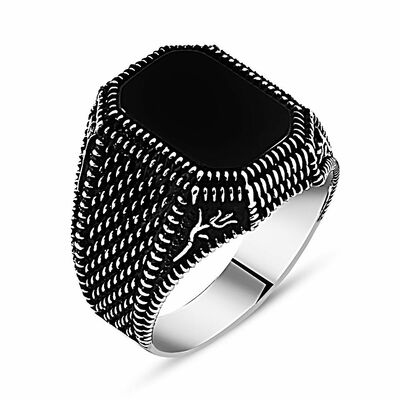Men's 925 Sterling Silver Ring With Embroidered Black Onyx Tulip