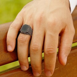 Men's 925 Sterling Silver Ring With Embroidered Black Onyx Tulip - Thumbnail