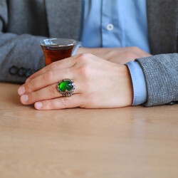Men's 925 Sterling Silver Ring With Faceted Green Zirconia King Crown Stone - Thumbnail