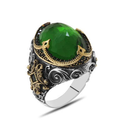 Men's 925 Sterling Silver Ring With Faceted Green Zirconia King Crown Stone - 3