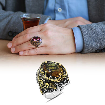 Men's 925 Sterling Silver Ring With Faceted Zultanite Eagle Wing Stone Detailed Aggressive Case Design - 1