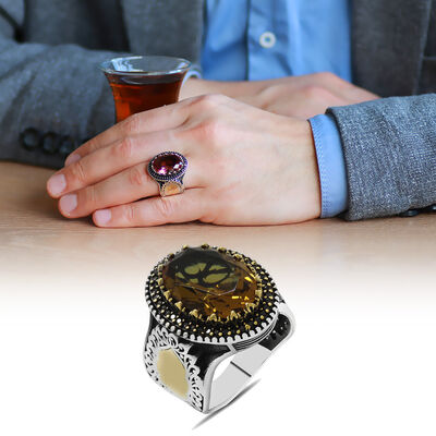 Men's 925 Sterling Silver Ring With Faceted Zultanite Stone And Micro Stone Edged On The Sides - 1