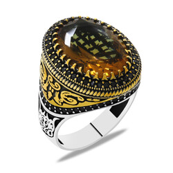 Men's 925 Sterling Silver Ring With Faceted Zultanite Stone Embossed With Seljuk Micro Stone Motif - Thumbnail