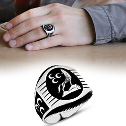 Men's 925 Sterling Silver Ring With Gray Wolf Motif İnlaid With Three Crescents - 1