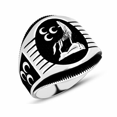 Men's 925 Sterling Silver Ring With Gray Wolf Motif İnlaid With Three Crescents - 2