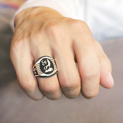 Men's 925 Sterling Silver Ring With Gray Wolf Motif İnlaid With Three Crescents - 4