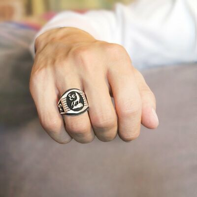 Men's 925 Sterling Silver Ring With Gray Wolf Motif İnlaid With Three Crescents - 5
