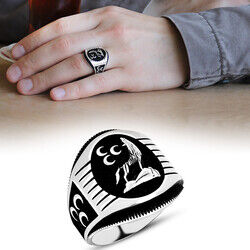Men's 925 Sterling Silver Ring With Gray Wolf Motif İnlaid With Three Crescents - 7