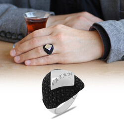 Men's 925 Sterling Silver Ring With Micro Stone Embellished Personalized Letter Name - Thumbnail