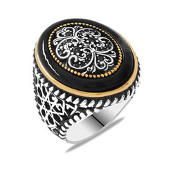 Mens 925 Sterling Silver Ring With Outer Ring Black Crimp Amber Inner Decor Zircon Stone Bezel - Thumbnail