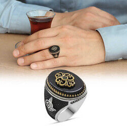 Men's 925 Sterling Silver Ring With Raised Anatolian Motif İn Black Onyx