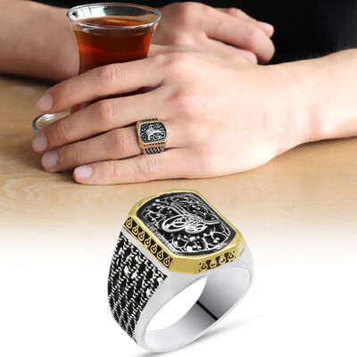 Men's 925 Sterling Silver Tughra Motif Diamond Design Ring - 1