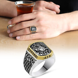 Men's 925 Sterling Silver Tughra Motif Diamond Design Ring - Thumbnail