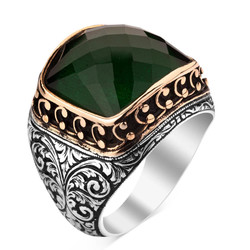 Men's 925 Sterling Silver Zirconia Green Stone Embroidery Ring - 1