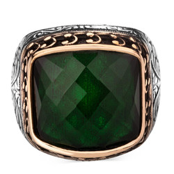 Men's 925 Sterling Silver Zirconia Green Stone Embroidery Ring - 2