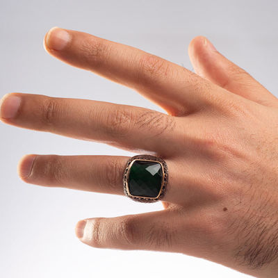 Men's 925 Sterling Silver Zirconia Green Stone Embroidery Ring - 4