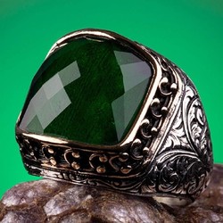 Men's 925 Sterling Silver Zirconia Green Stone Embroidery Ring - 5