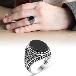 Mens Black Onyx Stripe 925 Sterling Silver Ring - 1