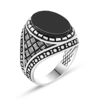 Mens Black Onyx Stripe 925 Sterling Silver Ring - 2