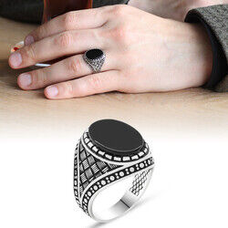 Mens Black Onyx Stripe 925 Sterling Silver Ring - 4