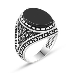 Mens Black Onyx Stripe 925 Sterling Silver Ring - Thumbnail