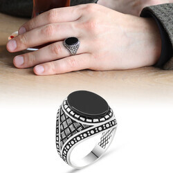 Mens Black Onyx Stripe 925 Sterling Silver Ring - Thumbnail