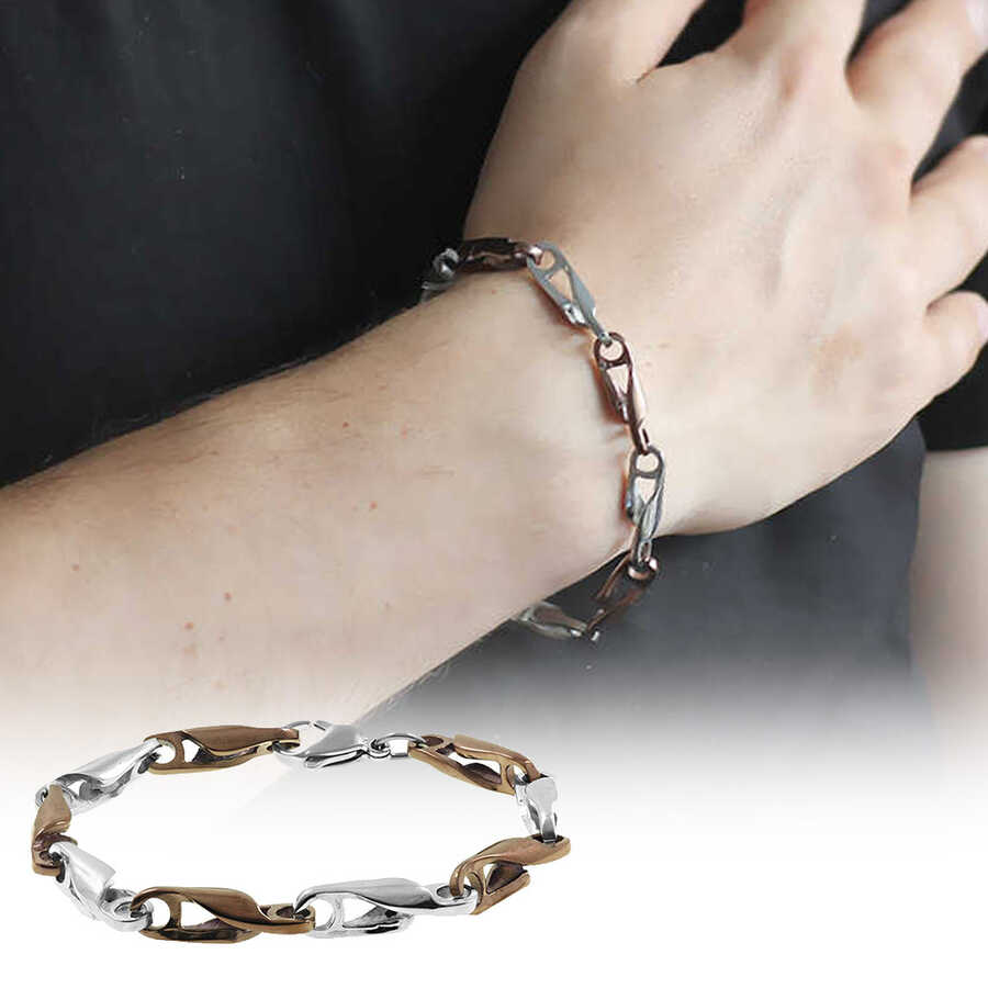 Men's Bracelet İn Brown-Silver Steel With Chain
