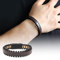 Men's Bracelet İn Brown Steel And Onyx Leather - Thumbnail
