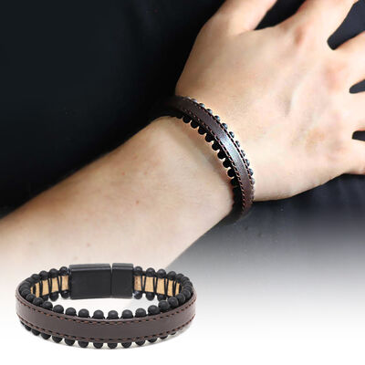 Men's Bracelet İn Brown Steel And Onyx Leather