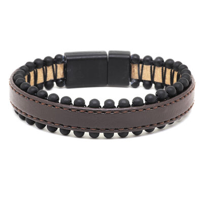 Men's Bracelet İn Brown Steel And Onyx Leather