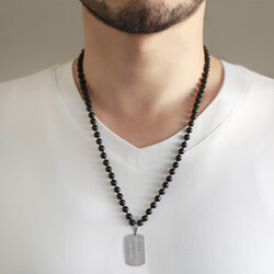 Men's Choker İn Brushed Onyx With Natural Stone And Braided Macrame Steel Plate With Personalized Name / Message - Thumbnail