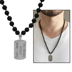 Men's Choker İn Brushed Onyx With Natural Stone And Braided Macrame Steel Plate With Personalized Name / Message