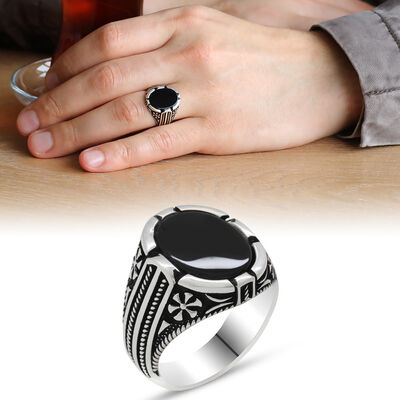 Men's Convex 925 Sterling Silver Onyx Ring - 1
