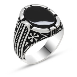 Men's Convex 925 Sterling Silver Onyx Ring - Thumbnail