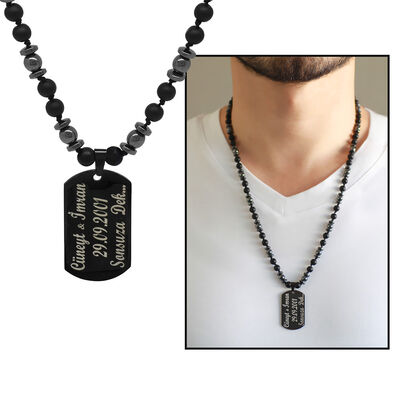 Men's Hematite And Onyx Necklace With Natural Stone And Black Braided Macrame Plate With Personal Name / Message