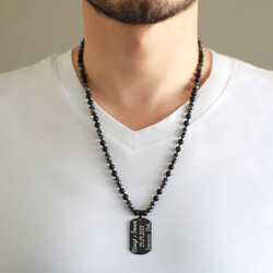 Men's Hematite And Onyx Necklace With Natural Stone And Black Braided Macrame Plate With Personal Name / Message - Thumbnail