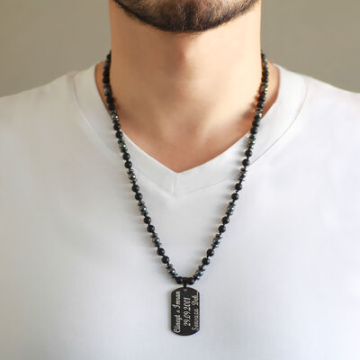 Men's Hematite And Onyx Necklace With Natural Stone And Black Braided Macrame Plate With Personal Name / Message