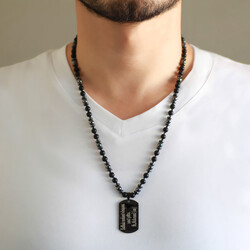Men's Hematite And Onyx Necklace With Natural Stone And Black Braided Macrame Plate With Personal Name / Message - Thumbnail