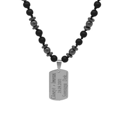Men's Hematite And Onyx Necklace With Natural Stone And Macrame Braided Steel Plate With Personalized Name / Message