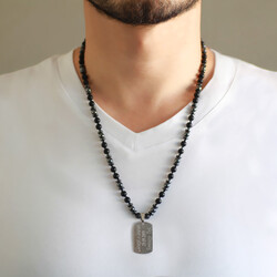 Men's Hematite And Onyx Necklace With Natural Stone And Macrame Braided Steel Plate With Personalized Name / Message - Thumbnail