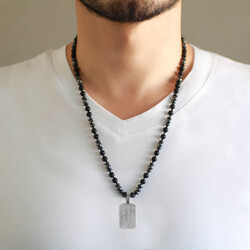 Men's Hematite And Onyx Necklace With Natural Stone And Macrame Braided Steel Plate With Personalized Name / Message - Thumbnail