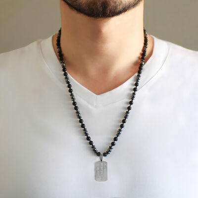 Men's Hematite And Onyx Necklace With Natural Stone And Macrame Braided Steel Plate With Personalized Name / Message