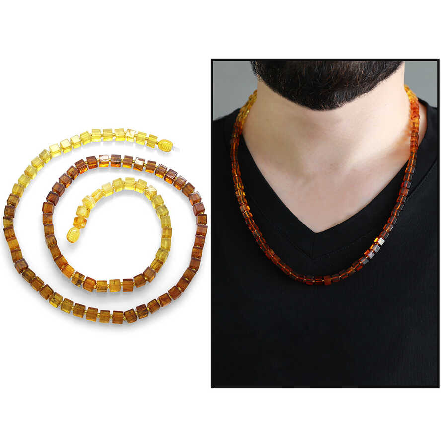 Men's Natural Amber Cube-Cut Honey-Colored Necklace With Filter