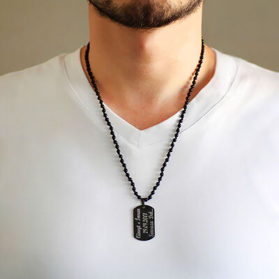 Men's Natural Onyx Stone Choker Necklace With Black Macrame Braided Plate With Personalized Name / Message