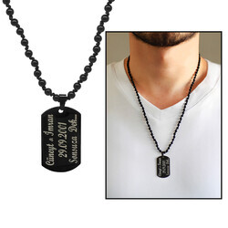 Men's Natural Onyx Stone Choker Necklace With Black Macrame Braided Plate With Personalized Name / Message - Thumbnail